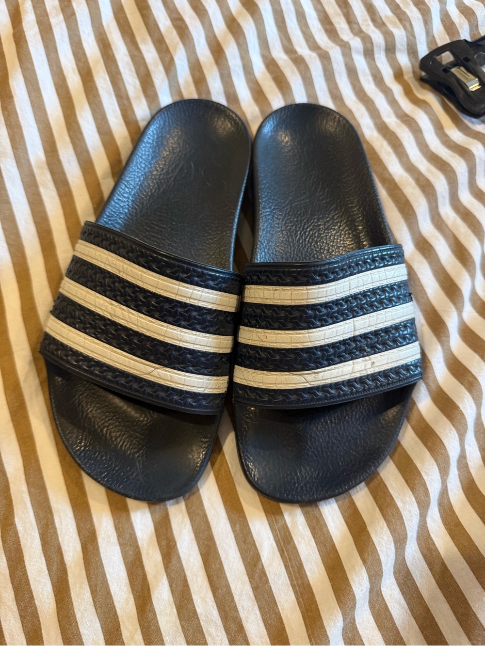adidas Blue Slide Sandals with White Stripes